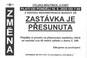 Upozornění - přesunutí autobusové zastávky linky 612