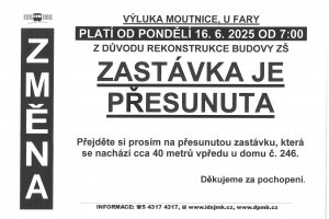 Upozornění - přesunutí autobusové zastávky linky 612